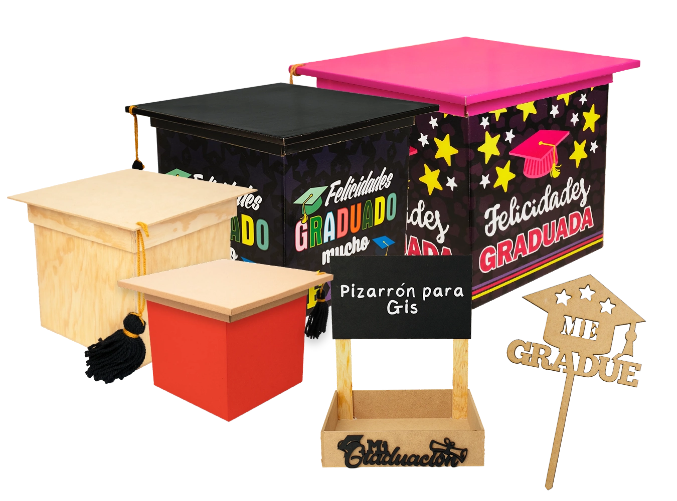 Cubos birrete, centros de mesa y picks de graduación