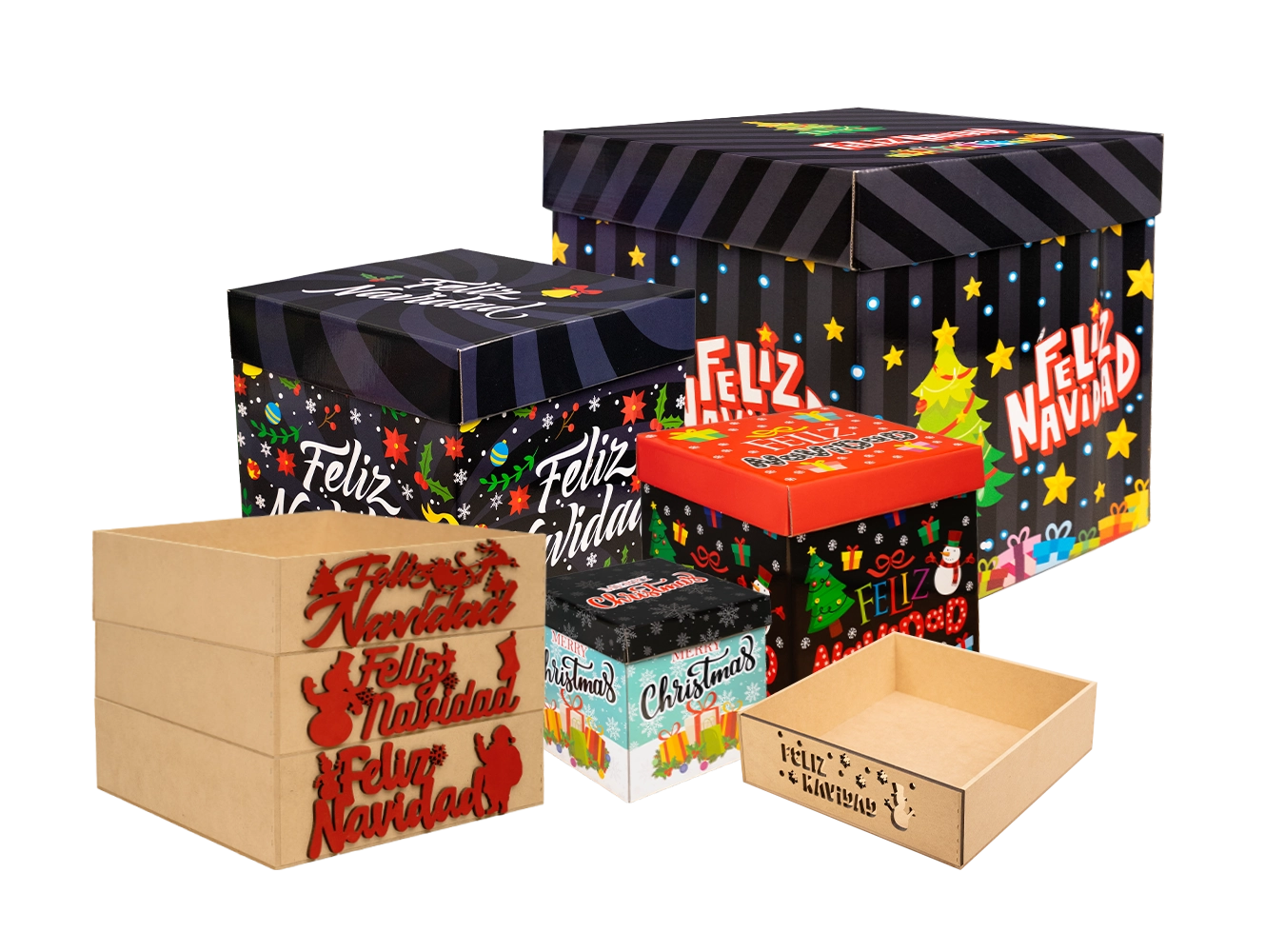 Cubos de cartón decorados y centros de mesa navideños