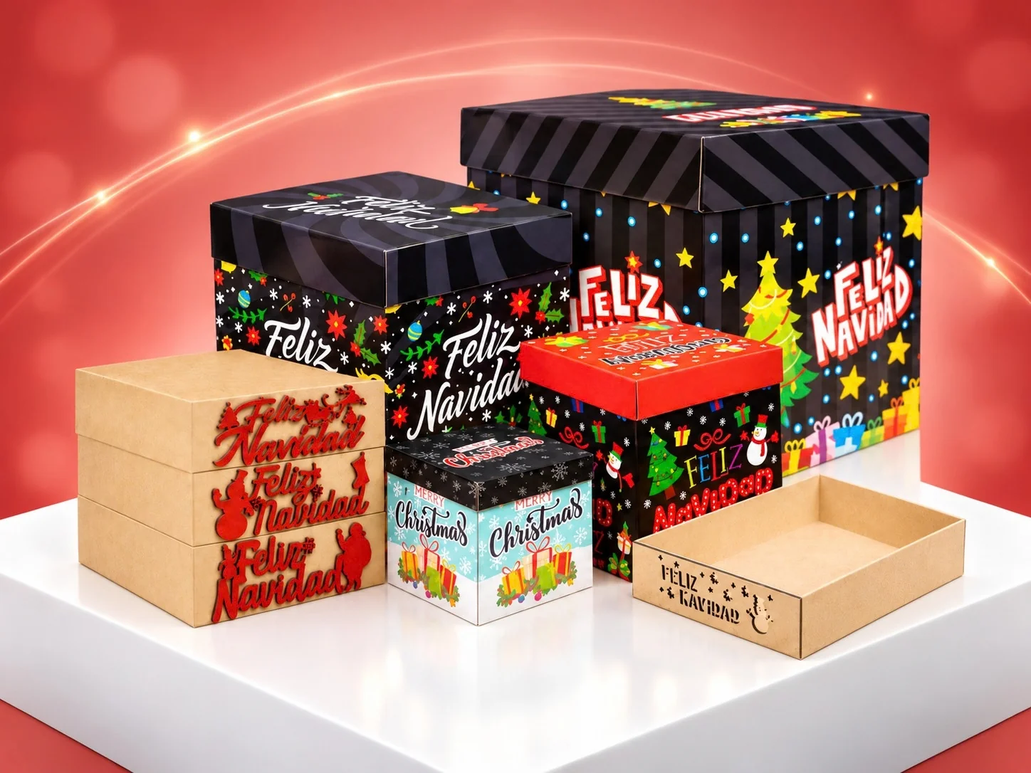 Cubos de cartón decorados y centros de mesa navideños
