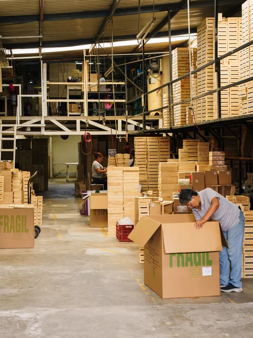Interior de la bodega con un trabajador empacando un pedido